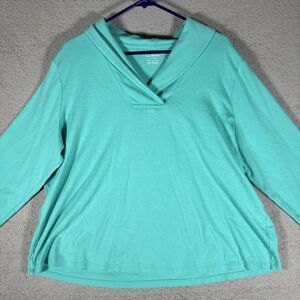 LL Bean‎ Teal Blue Shirt 2X Crossover Neckline  Shawl Collar Long Sleeve Sweater